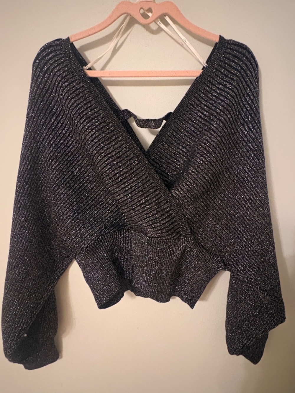 Lulus Black Metallic Sparkle Wrap Sweater Top Large Holiday Party